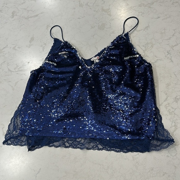 Free People Turn it On Swinging Sequins Lace Trimmed Tank Top Size Medium Blue - Picture 15 of 15